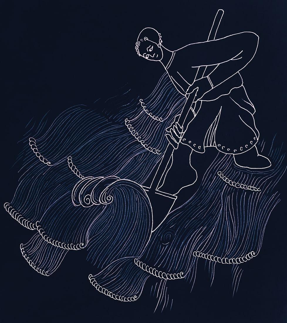 A man scooping the sea, creating waves