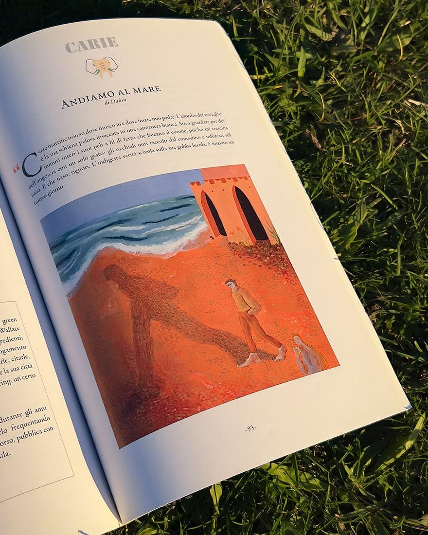 Open magazine "Carie Letterarie" laying on grass.