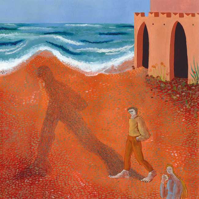 A man walking on the beach with the shadow of his father. A woman walks with him.