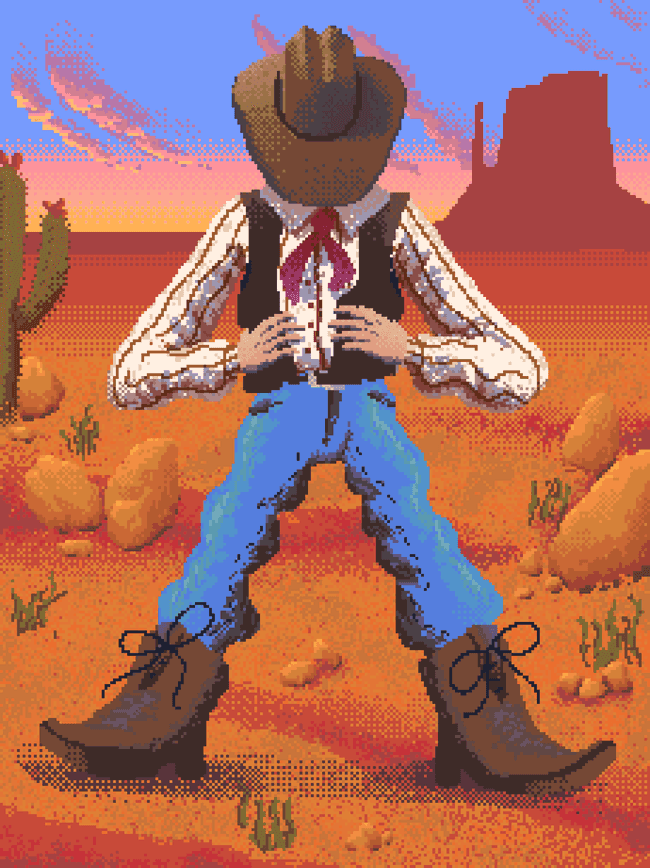 A pixel cowboy in a challenging pose in the middle of the mesa